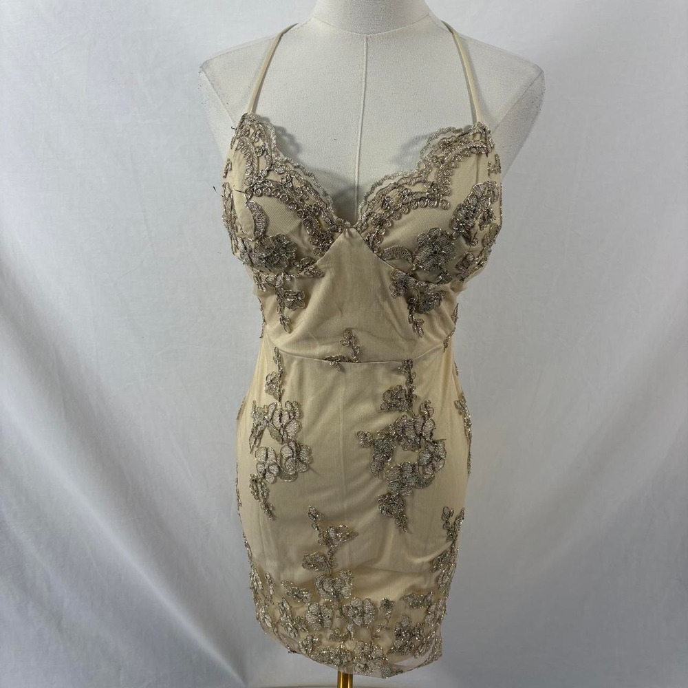 Papaya gold metallic floral mini dress size small y2k fairy glam whimsy